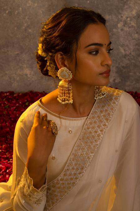 Shop_Glittire By Sakshi Verma_White Organza, Chanderi Zari And Sequin Embroidered Kurta Palazzo Set_Online_at_Aza_Fashions