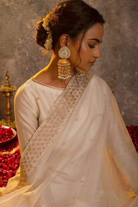 Glittire By Sakshi Verma_White Organza, Chanderi Zari And Sequin Embroidered Kurta Palazzo Set_at_Aza_Fashions
