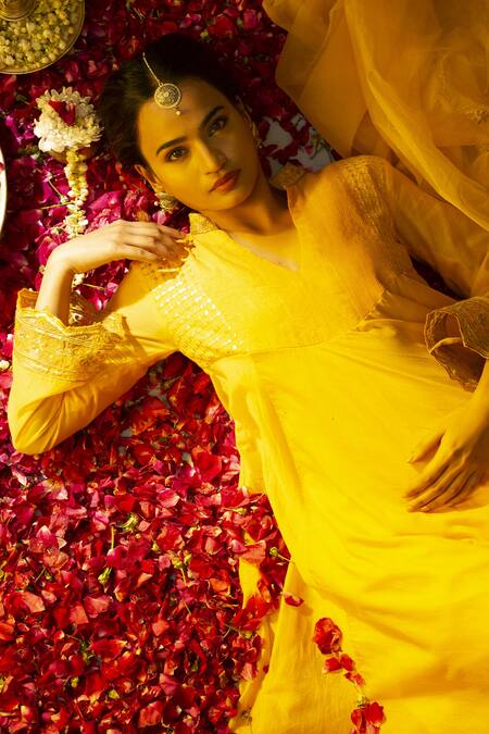 Shop_Glittire By Sakshi Verma_Yellow Silk Chanderi Embroidered Zari And Kaalidar Kurta Palazzo Set _Online_at_Aza_Fashions