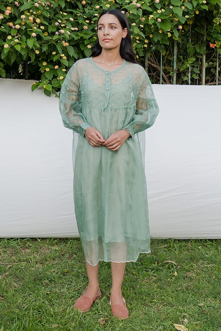Ayaka Green Dress 100% Silk Organza, Inner Viscose Tabby Hand Embroidered Gathered 