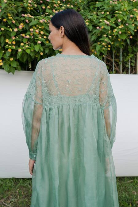 Shop_Ayaka_Green Dress 100% Silk Organza, Inner Viscose Tabby Hand Embroidered Gathered _at_Aza_Fashions