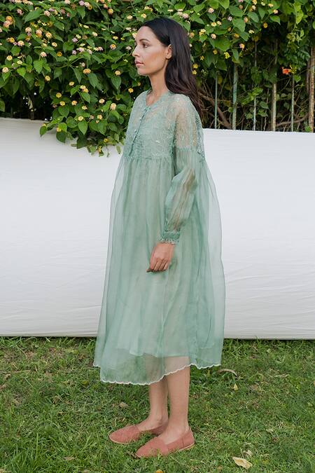 Ayaka_Green Dress 100% Silk Organza, Inner Viscose Tabby Hand Embroidered Gathered _Online_at_Aza_Fashions