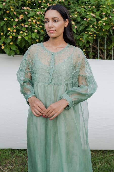 Ayaka_Green Dress 100% Silk Organza, Inner Viscose Tabby Hand Embroidered Gathered _at_Aza_Fashions
