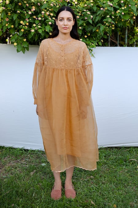 Ayaka Yellow Dress 100% Silk Organza, Inner Viscose Tabby Hand Embroidered Round  