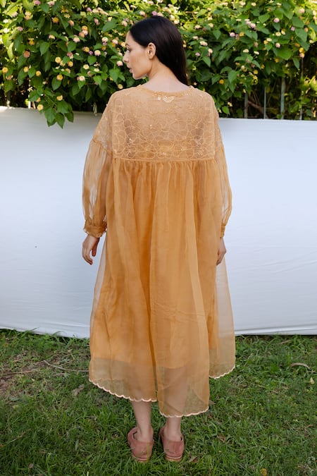 Shop_Ayaka_Yellow Dress 100% Silk Organza, Inner Viscose Tabby Hand Embroidered Round  _at_Aza_Fashions