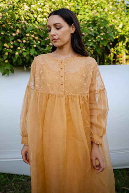 Buy_Ayaka_Yellow Dress 100% Silk Organza, Inner Viscose Tabby Hand Embroidered Round  _Online_at_Aza_Fashions
