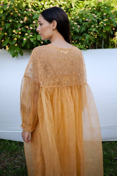Shop_Ayaka_Yellow Dress 100% Silk Organza, Inner Viscose Tabby Hand Embroidered Round  _Online_at_Aza_Fashions