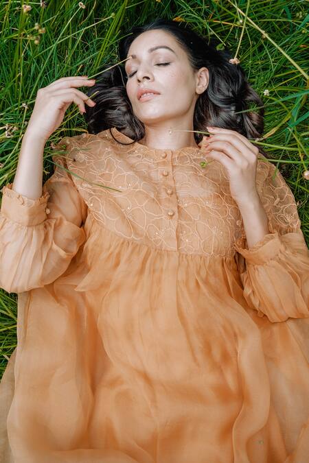 Ayaka_Yellow Dress 100% Silk Organza, Inner Viscose Tabby Hand Embroidered Round  _at_Aza_Fashions