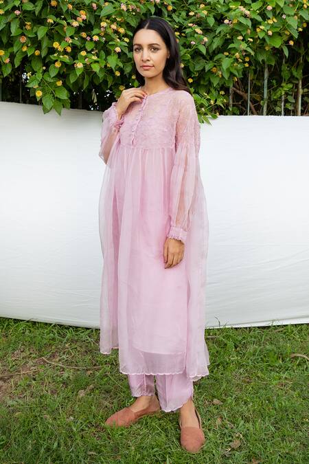 Ayaka_Purple Dress 100% Silk Organza, Inner Viscose Tabby Hand Embroidered Gathered _Online_at_Aza_Fashions