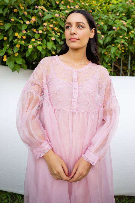 Ayaka_Purple Dress 100% Silk Organza, Inner Viscose Tabby Hand Embroidered Gathered _at_Aza_Fashions