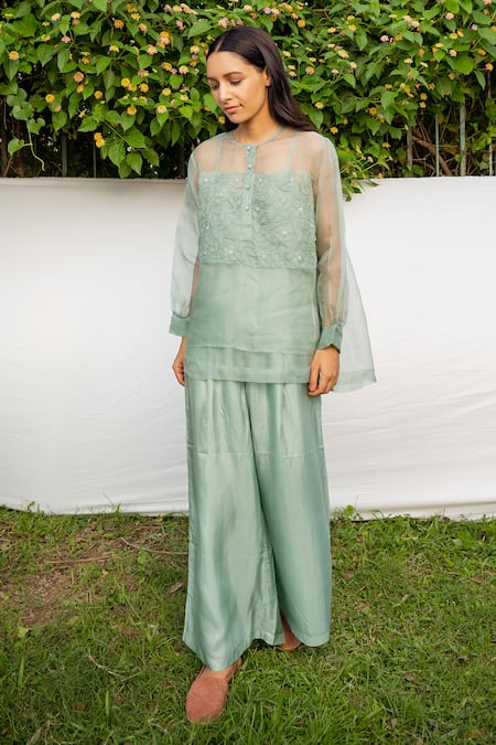 Ayaka Green Inner Viscose Tabby, Shirt 100% Silk Organza Hand Floral Top 