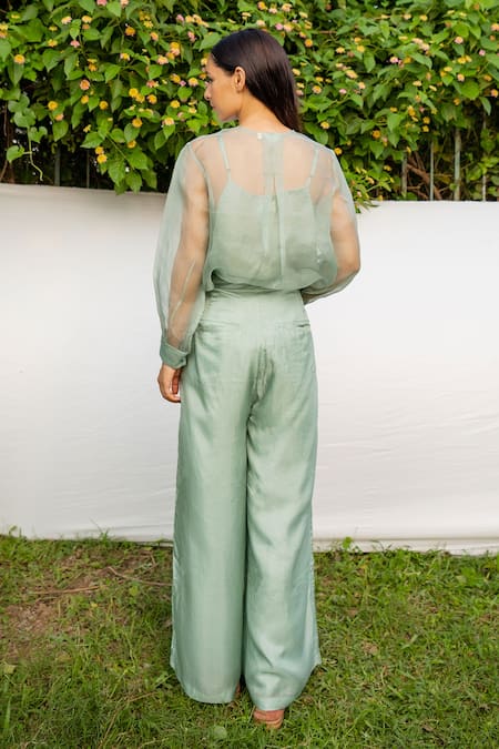 Shop_Ayaka_Green Inner Viscose Tabby, Shirt 100% Silk Organza Hand Floral Top _at_Aza_Fashions