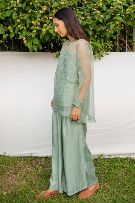 Ayaka_Green Inner Viscose Tabby, Shirt 100% Silk Organza Hand Floral Top _Online_at_Aza_Fashions