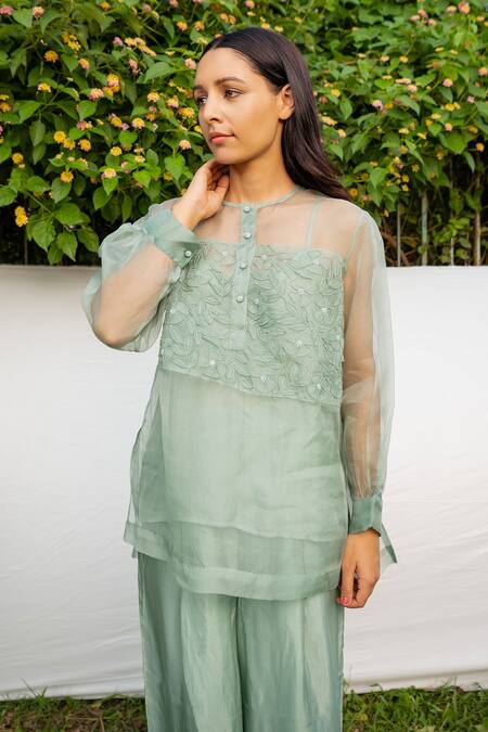 Shop_Ayaka_Green Inner Viscose Tabby, Shirt 100% Silk Organza Hand Floral Top _Online_at_Aza_Fashions