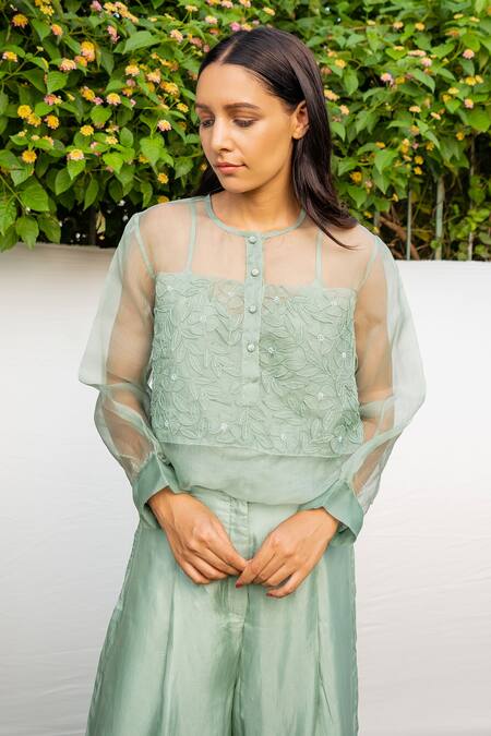 Ayaka_Green Inner Viscose Tabby, Shirt 100% Silk Organza Hand Floral Top _at_Aza_Fashions