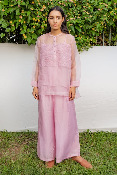 Ayaka Purple Inner Viscose Tabby, Shirt 100% Silk Organza Hand Floral Top 