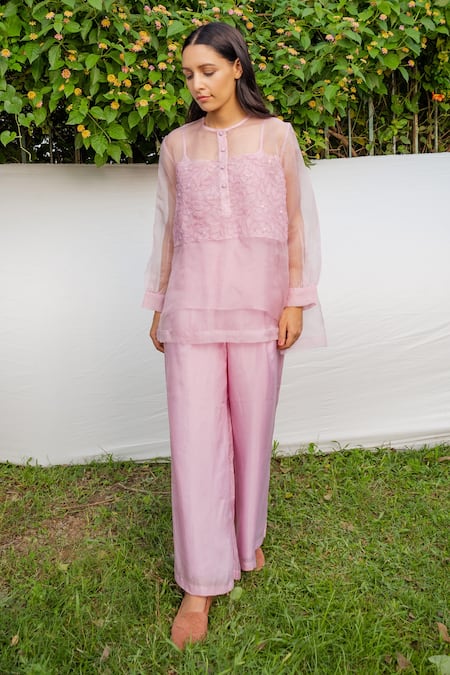 Shop_Ayaka_Purple Inner Viscose Tabby, Shirt 100% Silk Organza Hand Floral Top _at_Aza_Fashions