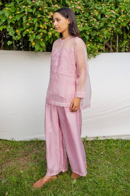 Ayaka_Purple Inner Viscose Tabby, Shirt 100% Silk Organza Hand Floral Top _Online_at_Aza_Fashions