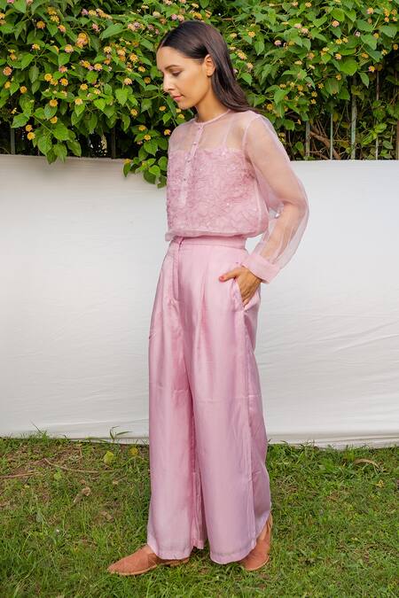 Shop_Ayaka_Purple Inner Viscose Tabby, Shirt 100% Silk Organza Hand Floral Top _Online_at_Aza_Fashions