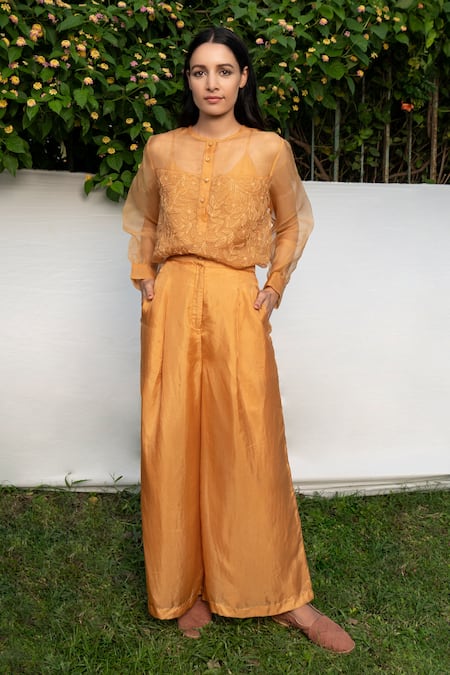 Ayaka Yellow Inner Viscose Tabby, Shirt 100% Silk Organza Hand Floral Top 