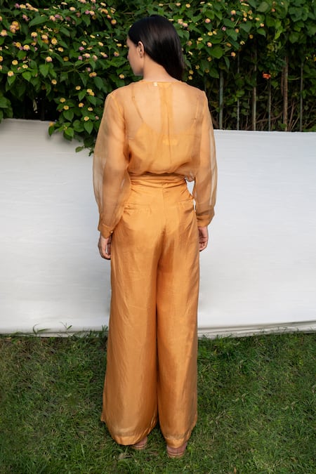 Shop Ayaka Yellow Inner Viscose Tabby, Shirt 100% Silk Organza Hand Floral Top at Aza Fashions Shop_Ayaka_Yellow Inner Viscose Tabby, Shirt 100% Silk Organza Hand Floral Top _at_Aza_Fashions