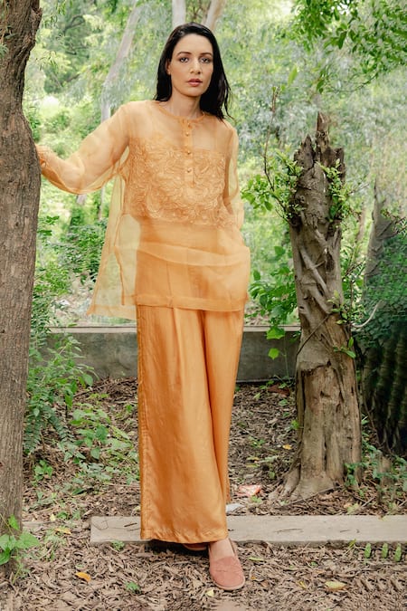 Ayaka_Yellow Inner Viscose Tabby, Shirt 100% Silk Organza Hand Floral Top _Online_at_Aza_Fashions