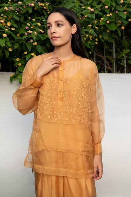 Ayaka Yellow Inner Viscose Tabby, Shirt 100% Silk Organza Hand Floral Top at Aza Fashions Ayaka_Yellow Inner Viscose Tabby, Shirt 100% Silk Organza Hand Floral Top _at_Aza_Fashions