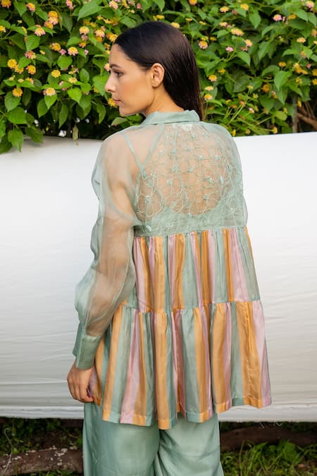 Shop_Ayaka_Green 100% Silk Organza, Viscose Tabby Hand Embroidered Shirt Collar Striped _at_Aza_Fashions