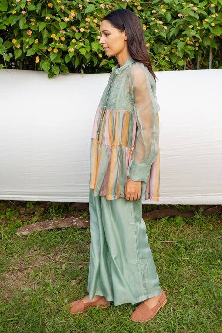 Ayaka_Green 100% Silk Organza, Viscose Tabby Hand Embroidered Shirt Collar Striped _Online_at_Aza_Fashions