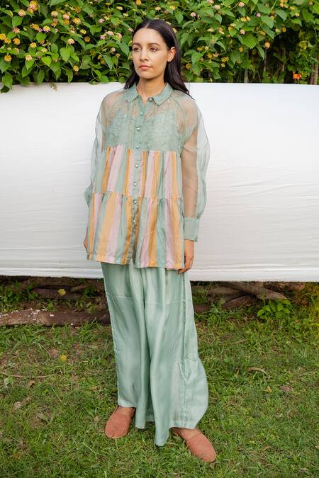 Buy_Ayaka_Green 100% Silk Organza, Viscose Tabby Hand Embroidered Shirt Collar Striped _Online_at_Aza_Fashions