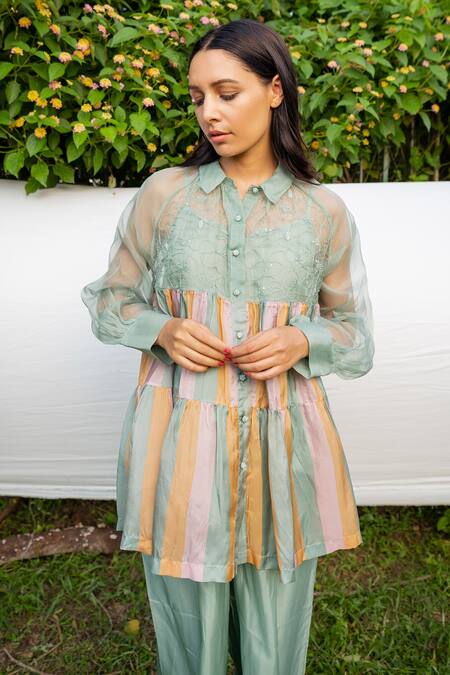 Shop_Ayaka_Green 100% Silk Organza, Viscose Tabby Hand Embroidered Shirt Collar Striped _Online_at_Aza_Fashions