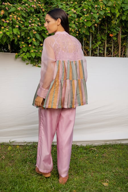 Shop_Ayaka_Purple 100% Silk Organza, Viscose Tabby Hand Embroidered Shirt Collar Striped _at_Aza_Fashions