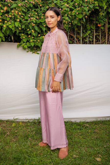 Ayaka_Purple 100% Silk Organza, Viscose Tabby Hand Embroidered Shirt Collar Striped _Online_at_Aza_Fashions