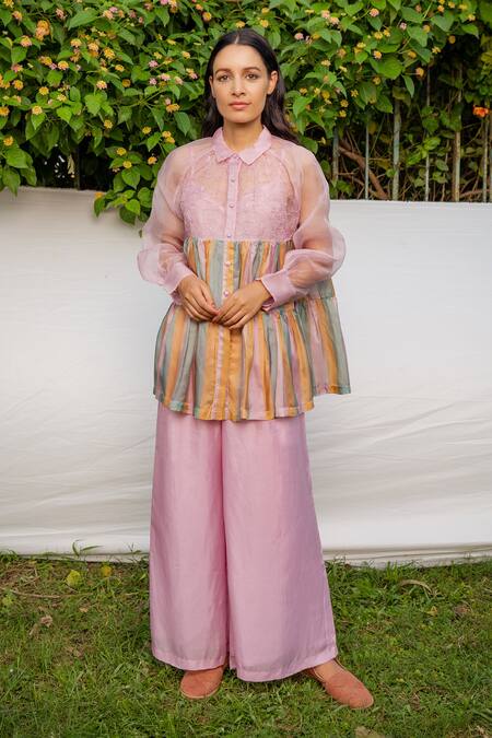 Buy_Ayaka_Purple 100% Silk Organza, Viscose Tabby Hand Embroidered Shirt Collar Striped _Online_at_Aza_Fashions