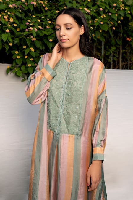 Shop Ayaka Green 100% Silk Organza, Viscose Tabby Hand Embroidered Round Striped Long Tunic Online at Aza Fashions Shop_Ayaka_Green 100% Silk Organza, Viscose Tabby Hand Embroidered Round Striped Long Tunic _Online_at_Aza_Fashions