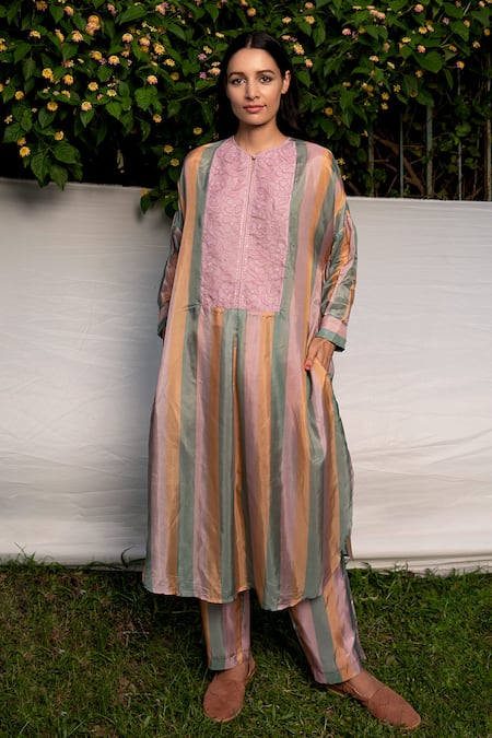 Ayaka Purple 100% Silk Organza, Viscose Tabby Hand Embroidered Striped Long Tunic 