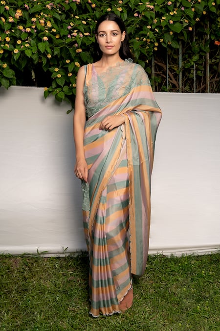 Buy_Ayaka_Multi Color 100% Silk Organza Embroidered Saree With Scallop Edges  _Online_at_Aza_Fashions