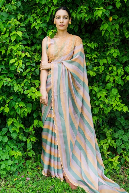 Shop_Ayaka_Multi Color 100% Silk Organza, Viscose Embroidered Saree With Scallop Edges _at_Aza_Fashions