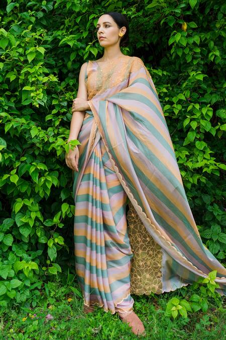Ayaka_Multi Color 100% Silk Organza, Viscose Embroidered Saree With Scallop Edges _Online_at_Aza_Fashions