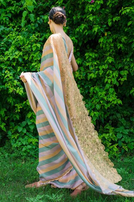 Shop_Ayaka_Multi Color 100% Silk Organza, Viscose Embroidered Saree With Scallop Edges _Online_at_Aza_Fashions