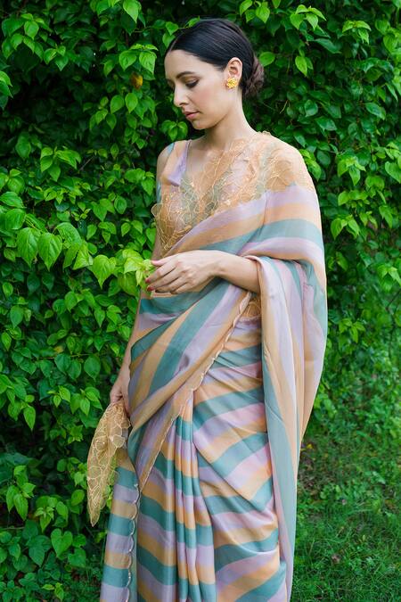 Ayaka_Multi Color 100% Silk Organza, Viscose Embroidered Saree With Scallop Edges _at_Aza_Fashions