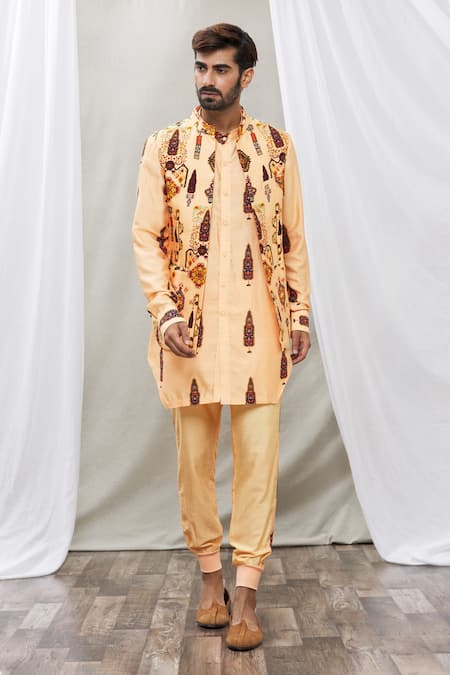 Ankur J_Peach Cotton Silk Floral Printed Waistcoat And Kurta Set _Online_at_Aza_Fashions