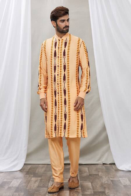 Ankur J Peach Cotton Silk Floral Print Kurta Set Online at Aza Fashions Ankur J_Peach Cotton Silk Floral Print Kurta Set _Online_at_Aza_Fashions