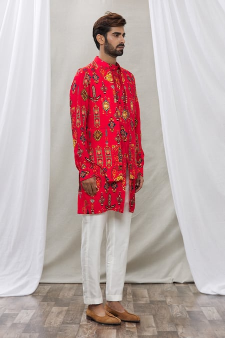 Ankur J_Red Cotton Silk Floral, Paisley Printed Waistcoat And Kurta Set _Online_at_Aza_Fashions