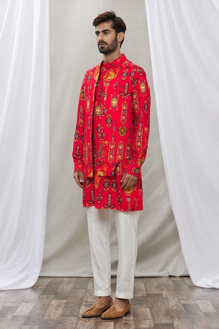 Buy_Ankur J_Red Cotton Silk Floral, Paisley Printed Waistcoat And Kurta Set _Online_at_Aza_Fashions