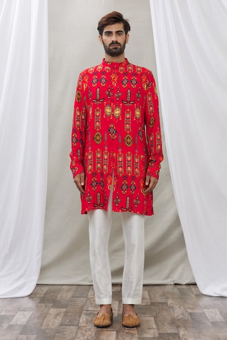 Shop_Ankur J_Red Cotton Silk Floral, Paisley Printed Waistcoat And Kurta Set _Online_at_Aza_Fashions