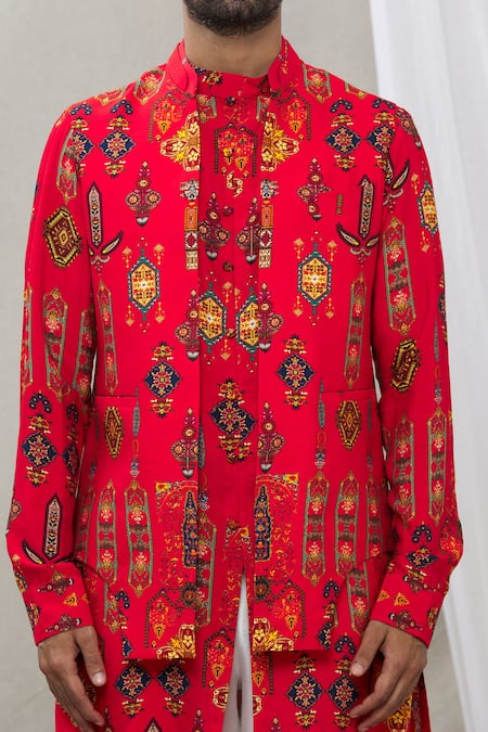Ankur J_Red Cotton Silk Floral, Paisley Printed Waistcoat And Kurta Set _at_Aza_Fashions