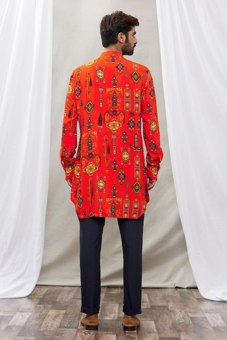 Shop Ankur J Orange Cotton Silk Floral Print Kurta Set at Aza Fashions Shop_Ankur J_Orange Cotton Silk Floral Print Kurta Set _at_Aza_Fashions