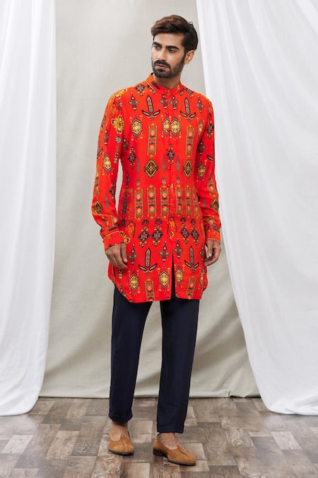 Ankur J Orange Cotton Silk Floral Print Kurta Set Online at Aza Fashions Ankur J_Orange Cotton Silk Floral Print Kurta Set _Online_at_Aza_Fashions