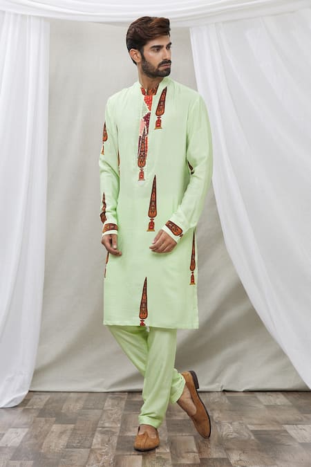 Ankur J Green Cotton Silk Floral, Paisley Printed Kurta Set 